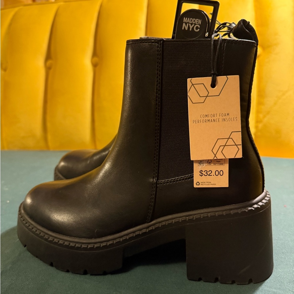 Madden NYC Black Leather Chunky Heel Chelsea Booties